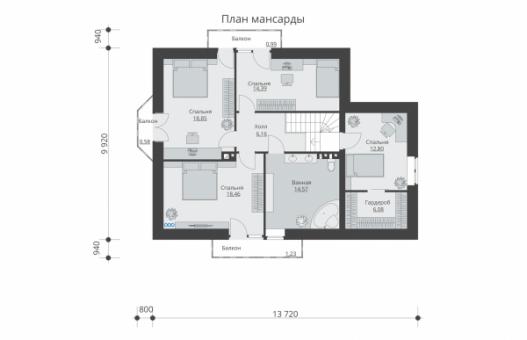 Проект одноэтажного жилого дома с мансардой, террасой и балконами